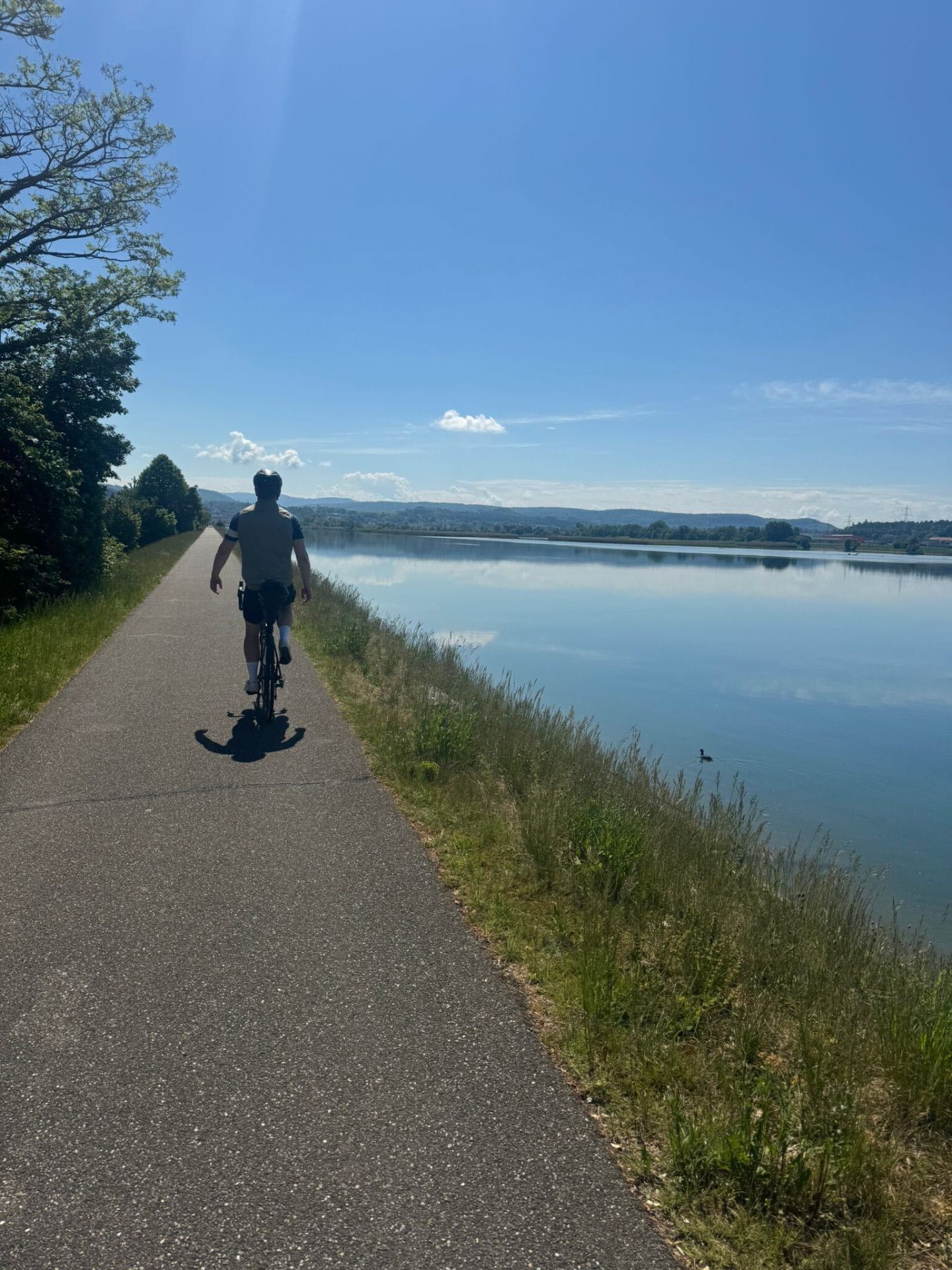 Cyclist on a Swiss lakeside path on the Luxembourg to Zurich cycling route